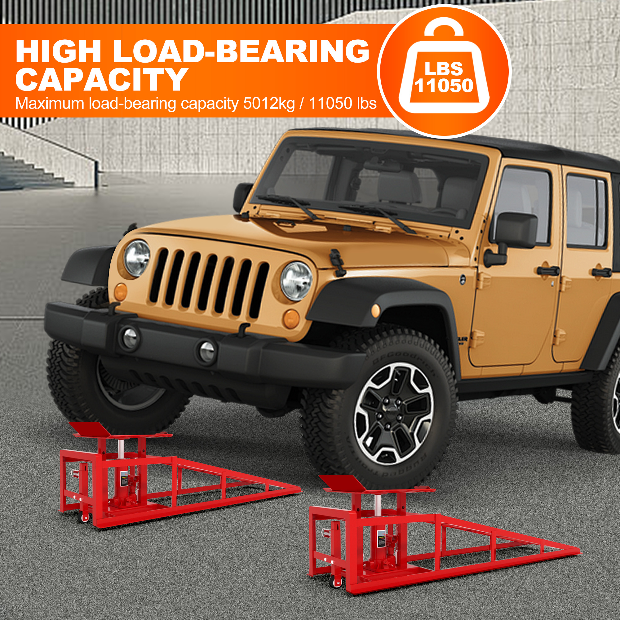 Vertlley 2Pcs Movable Car Ramps with Wheels 5t/11050 lb, Heavy-Duty Steel Vehicle Ramps, Portable Car Lift , Built-in Hydraulic Jack - Image 7