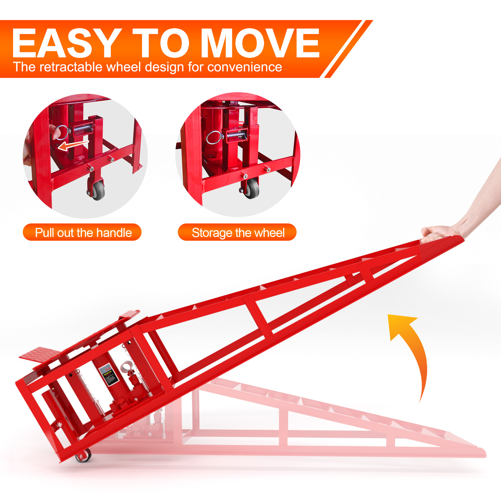 Vertlley 2Pcs Movable Car Ramps with Wheels 5t/11050 lb, Heavy-Duty Steel Vehicle Ramps, Portable Car Lift , Built-in Hydraulic Jack - Image 3