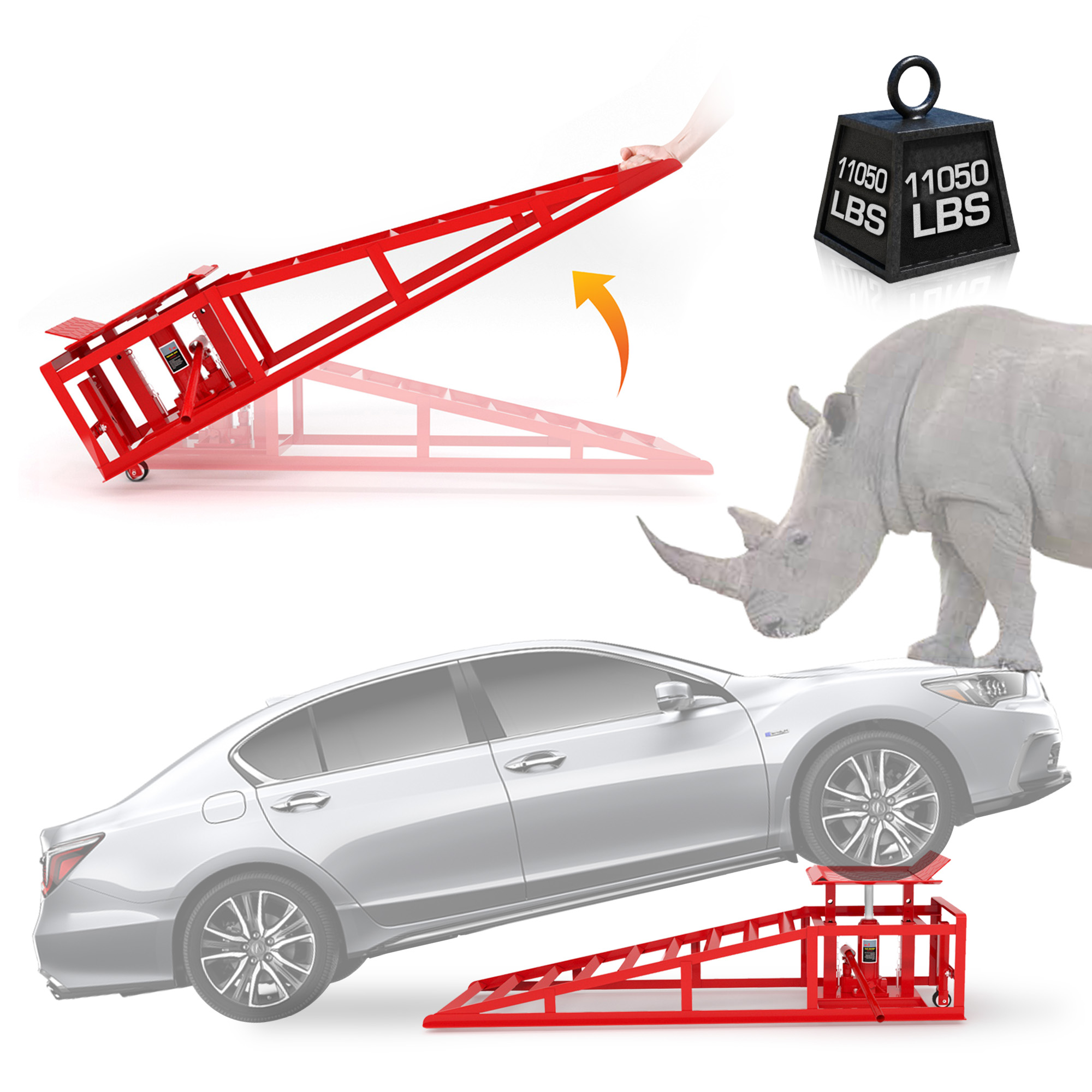 Vertlley 2Pcs Movable Car Ramps with Wheels 5t/11050 lb, Heavy-Duty Steel Vehicle Ramps, Portable Car Lift , Built-in Hydraulic Jack