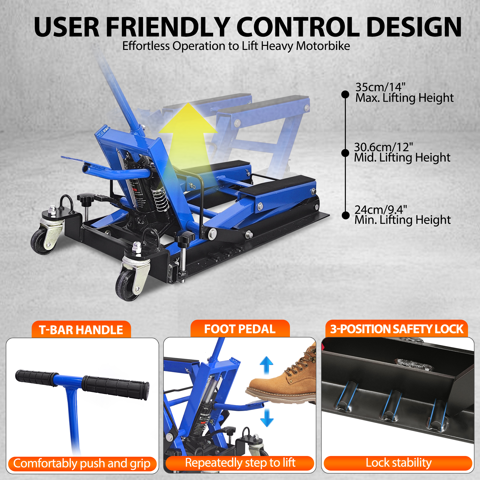 Vertlley Hydraulic Motorcycle Lift Jack 1500 lb Capacity Steel ATV Lifts Stand Hoist with Wheels and Handle for Motorcycles - Image 3